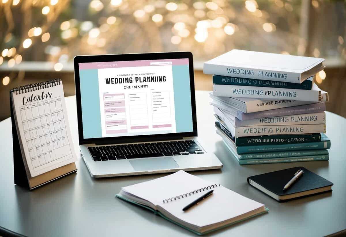 A table with a wedding planning checklist, a calendar, and a laptop open to a wedding planning website. A stack of wedding magazines and a notebook with a pen are also on the table