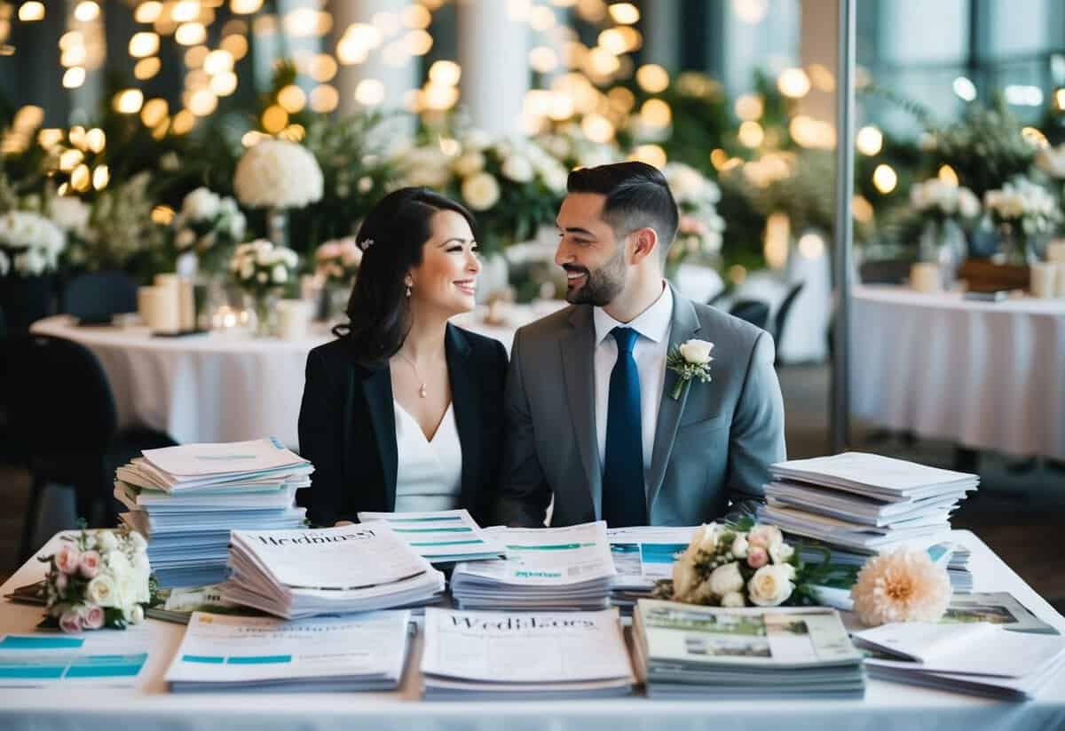 A couple sits at a table covered in wedding magazines and spreadsheets, surrounded by piles of invitations, flowers, and cake samples
