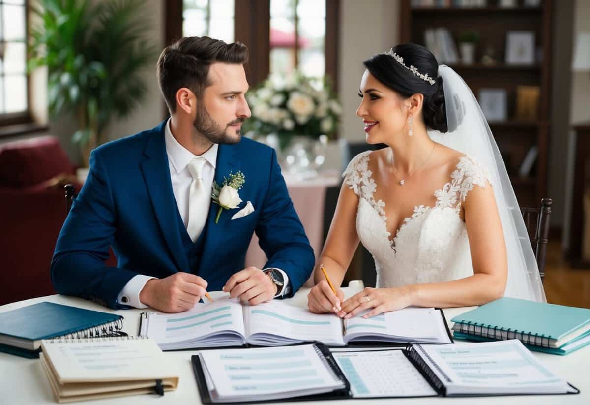 A bride and groom sit at a table, surrounded by wedding planning books, calendars, and checklists. They are discussing and making decisions on various aspects of their upcoming wedding