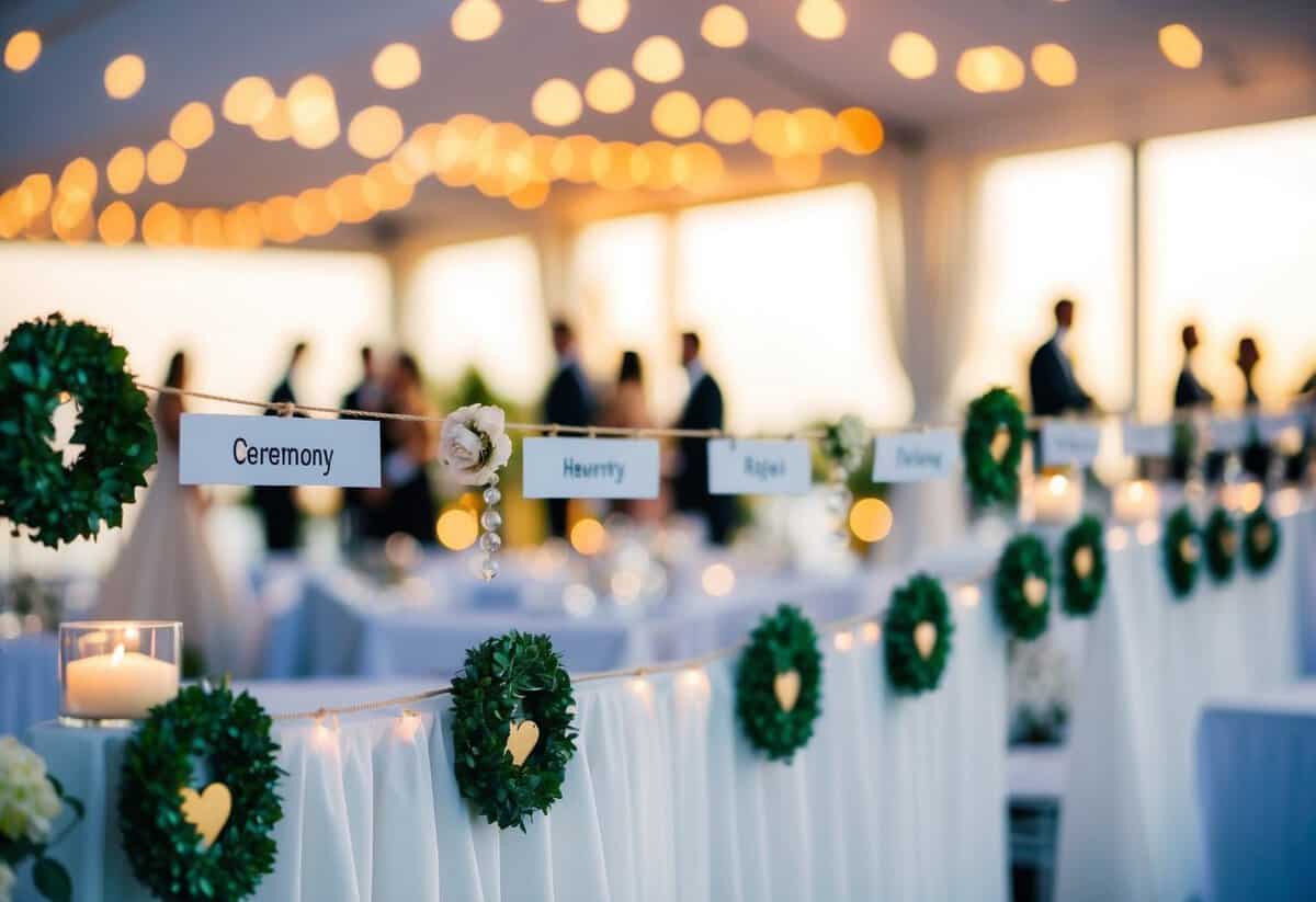 A timeline of wedding events, from ceremony to reception, with decorative elements and symbols of love and commitment