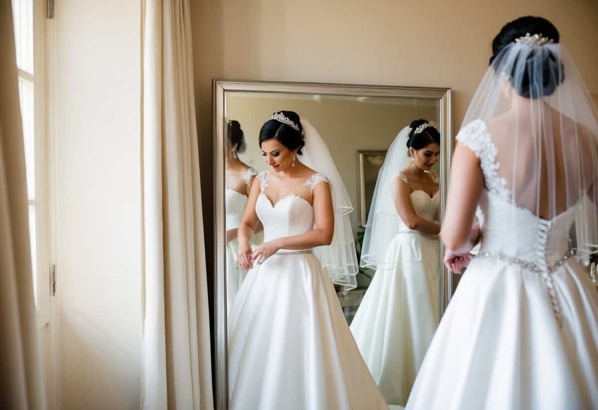 A bride prepares for her wedding by arranging her veil and adjusting her gown in front of a full-length mirror
