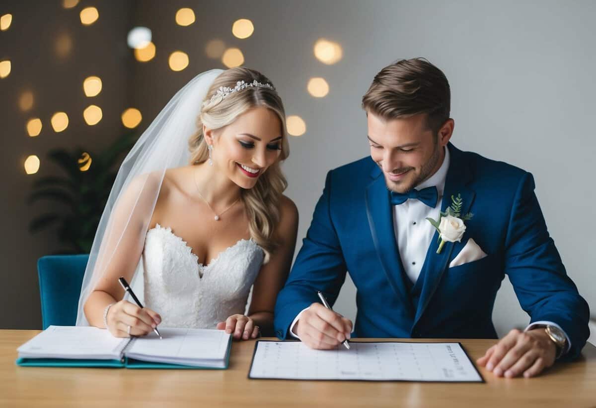 A bride and groom sit at a table with a calendar, making plans and checking off tasks for their upcoming wedding