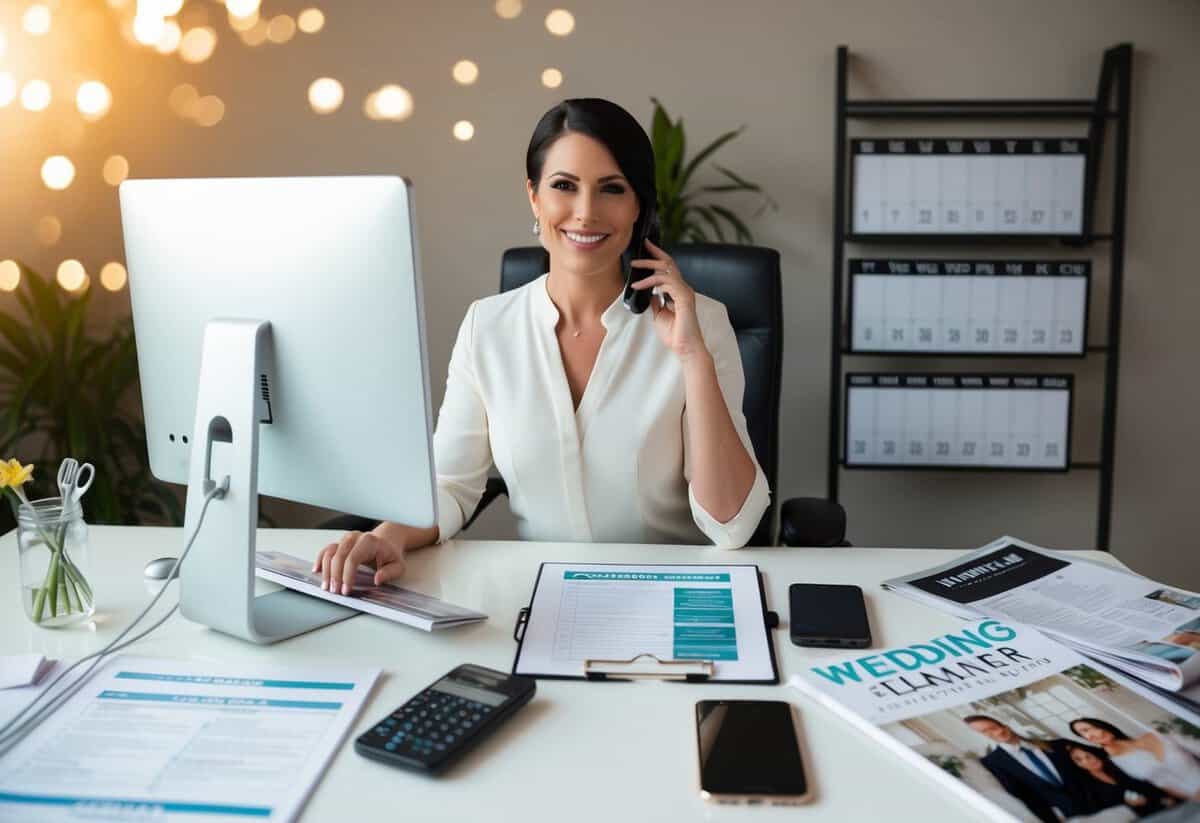 A wedding planner sits at a desk with a computer, surrounded by legal documents, a calendar, and a phone. A checklist and wedding magazines are spread out for reference