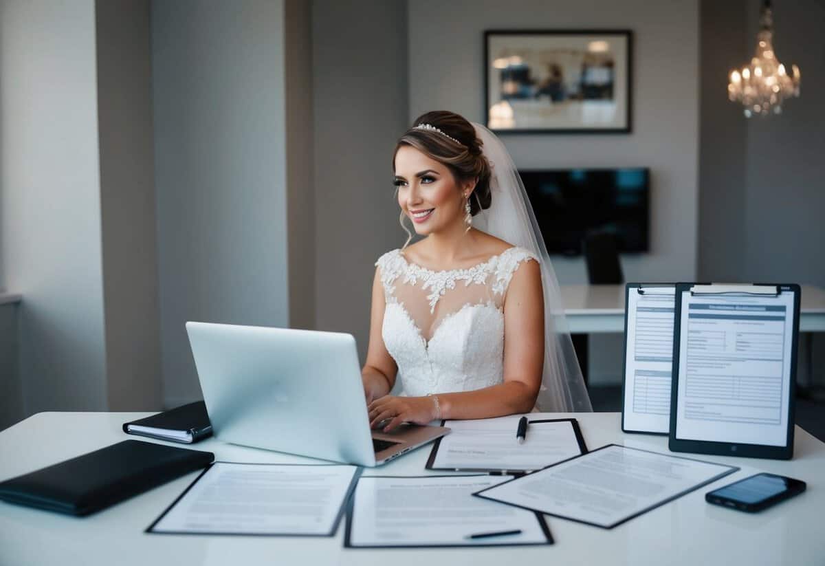 A bride sits at a desk surrounded by legal documents and logistics plans for her wedding, with a laptop open and a pen in hand