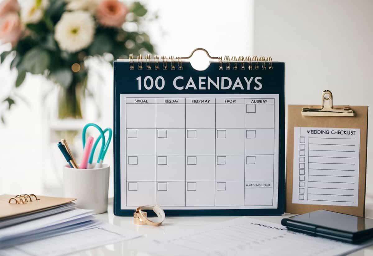 A calendar with 100 days marked, surrounded by wedding planning materials and a checklist