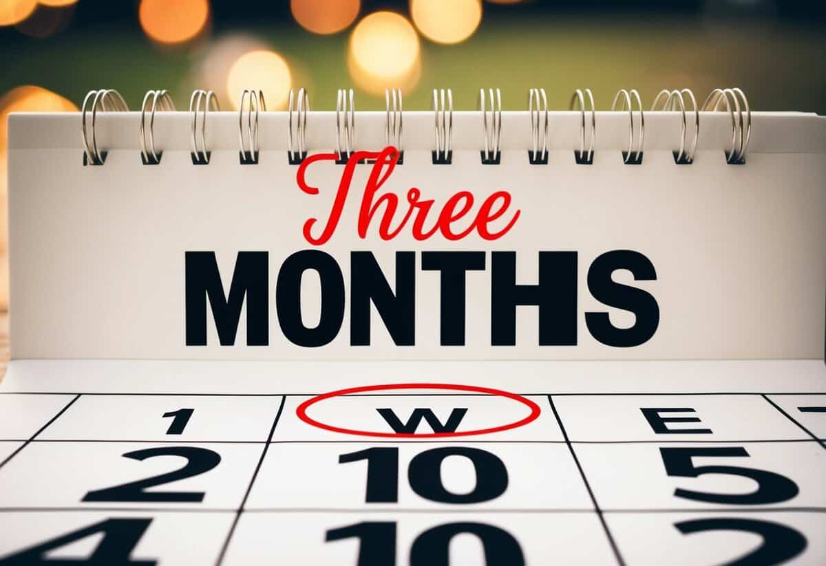 A calendar with the date three months before the wedding circled in red