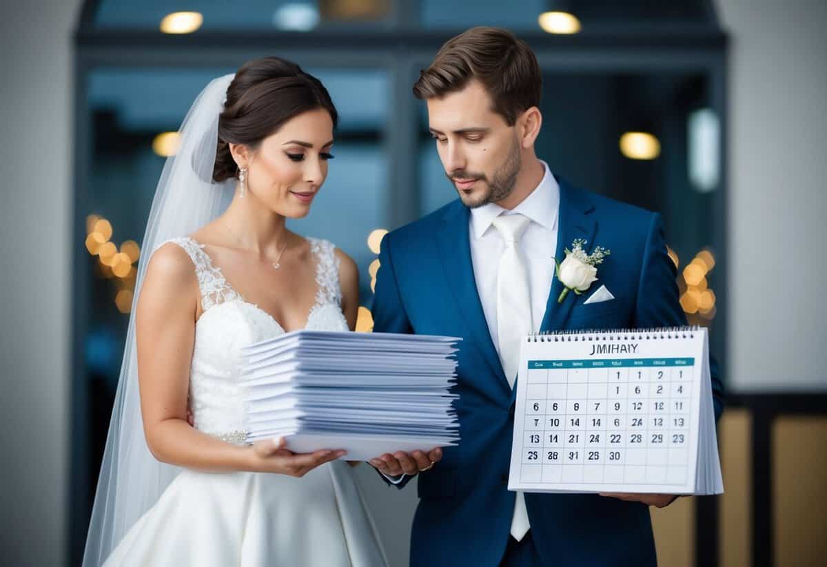 A bride and groom holding a stack of unmailed wedding invitations, looking at a calendar with a concerned expression