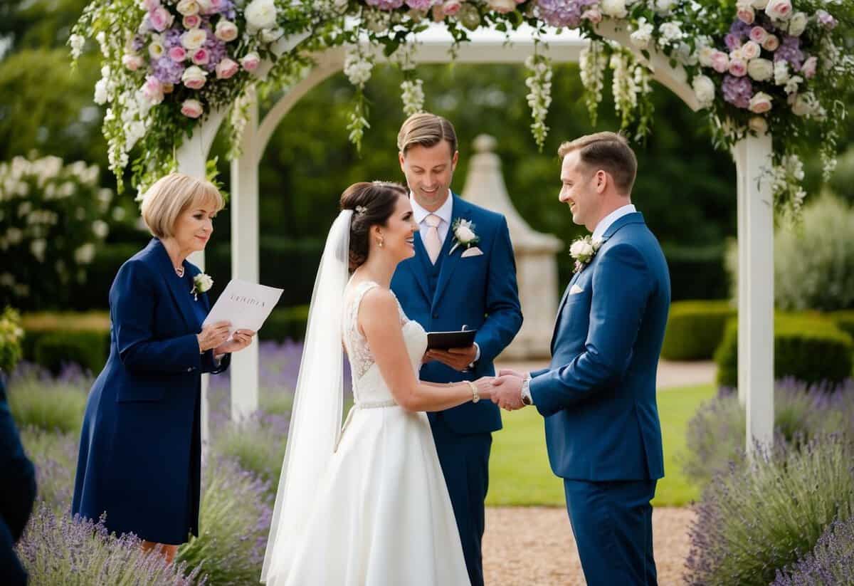 A couple stands in a charming garden, exchanging vows under a canopy of flowers. A late arrival approaches, looking hesitant as they hold a wedding invitation in their hand