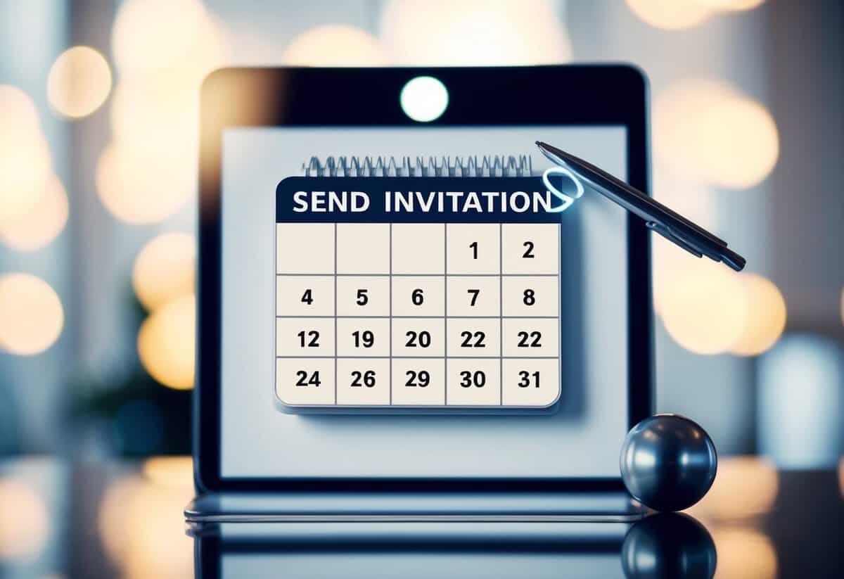 A digital calendar with a wedding date circled, and a cursor hovering over the "send invitation" button