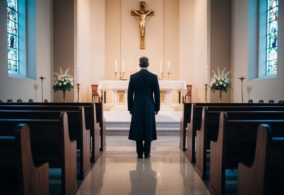 A figure stands alone at the altar, facing the empty pews, ready to speak their vows