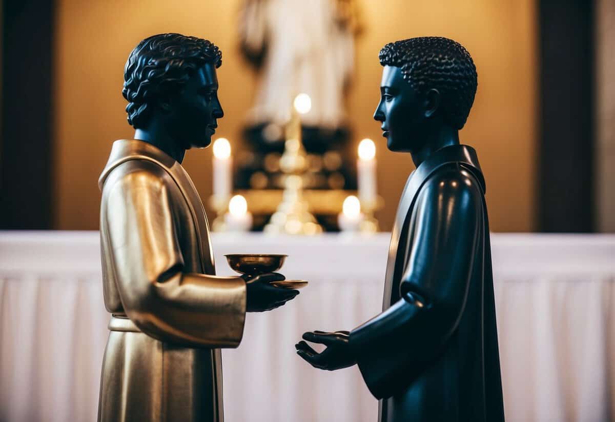 A figure stands at an altar, facing another figure. The first figure holds something significant, while the second figure waits to reciprocate