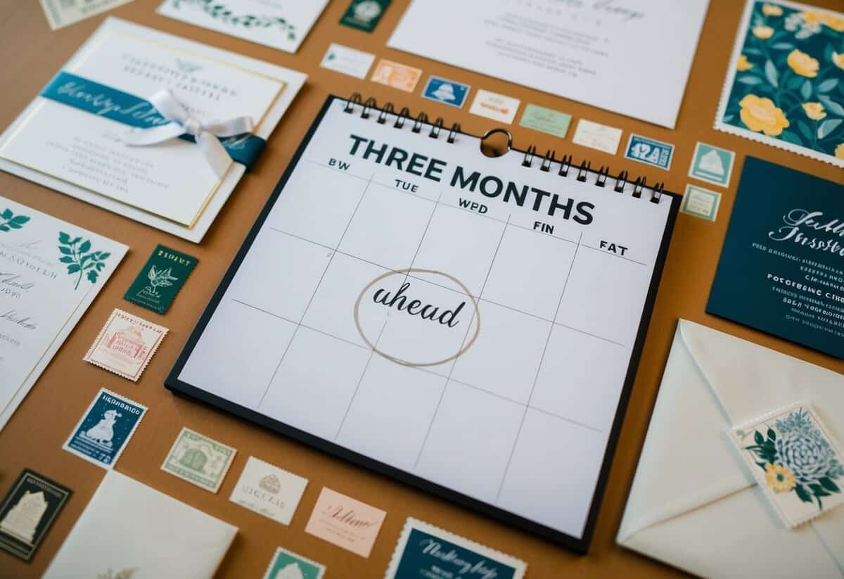 A calendar with the date three months ahead circled, surrounded by various wedding invitation designs and postage stamps