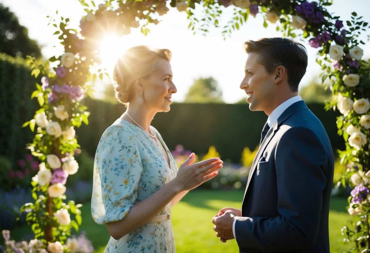 A figure stands in a sunlit garden, facing a partner under a floral arch. The figure takes a deep breath and begins speaking, their words filled with emotion