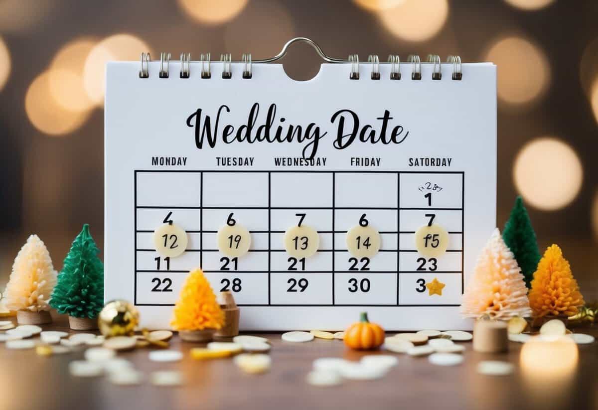 A calendar with a wedding date marked 3 months ahead, surrounded by various seasonal motifs and symbols