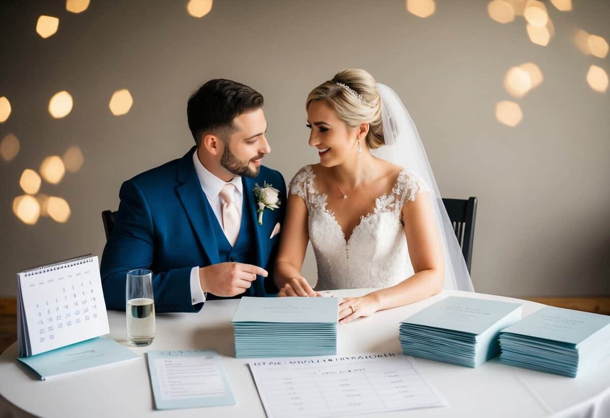 A bride and groom sit at a table with a stack of wedding invitations, a calendar, and a list of guests. They discuss and plan their guest list and RSVPs