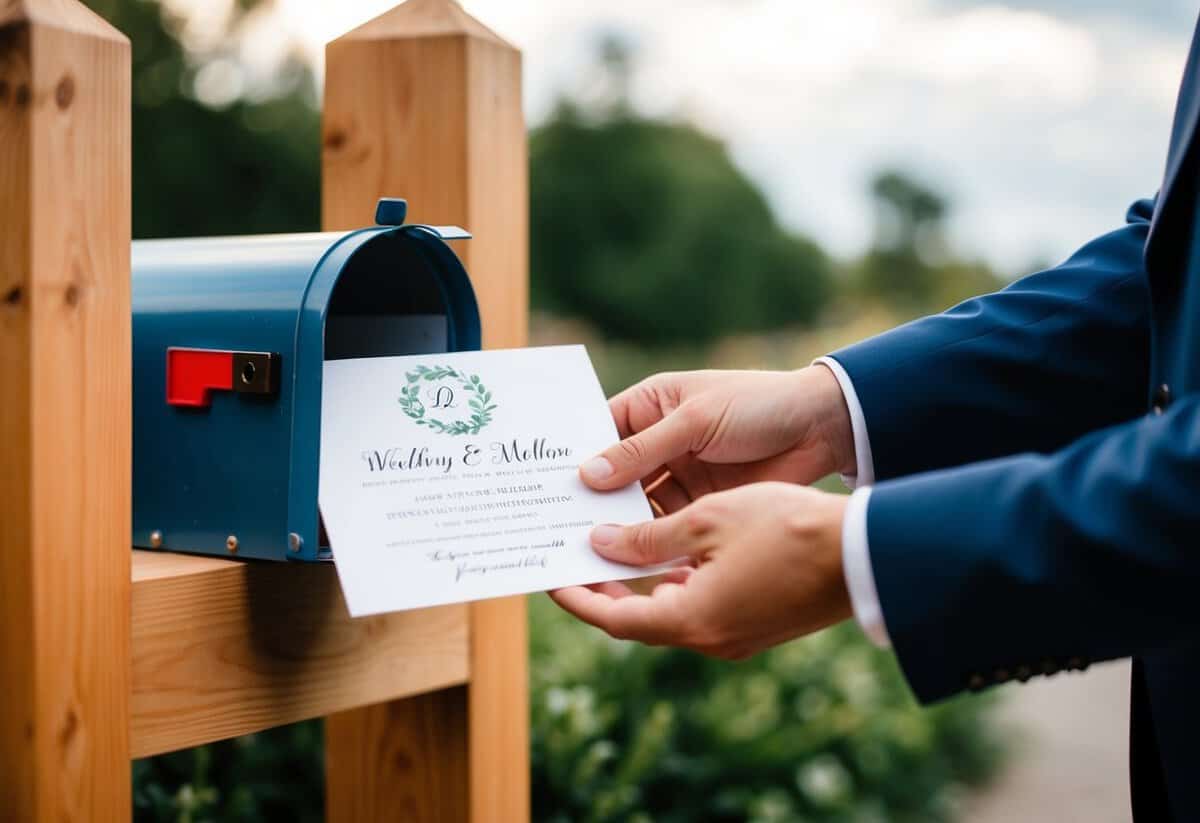 A couple's hands placing a wedding invitation in a mailbox