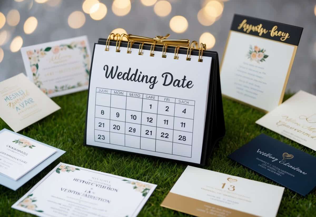 A calendar with a wedding date marked 12 months away, surrounded by various wedding invitation samples and design inspiration