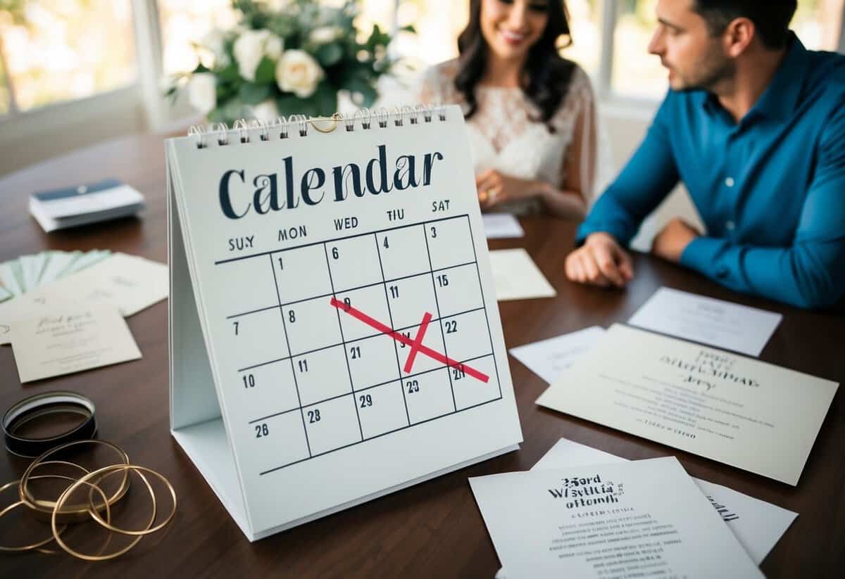A calendar with the current month crossed out and the following year circled, surrounded by wedding invitation samples and a thoughtful couple discussing the timing