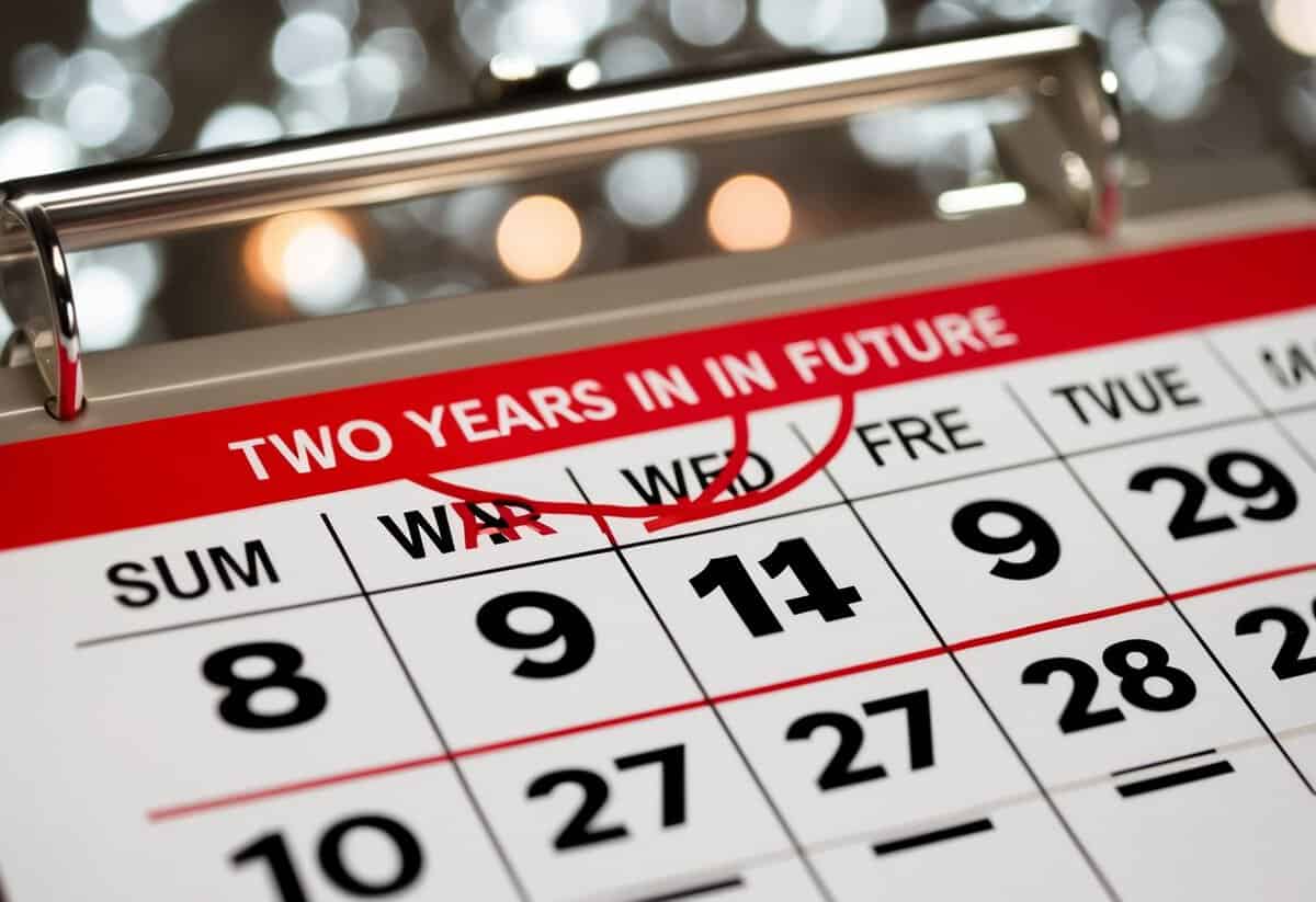 A calendar with the date two years in the future circled in red