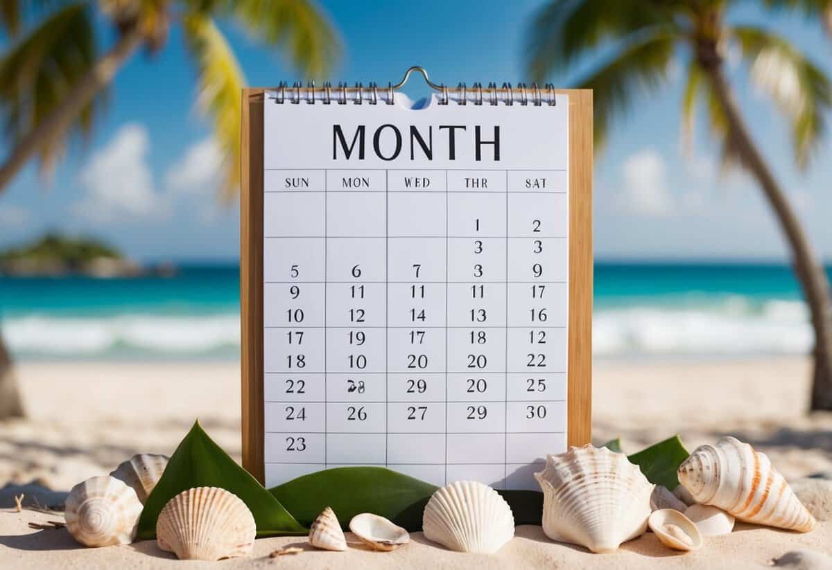 A calendar with 12 months marked, surrounded by tropical destination wedding elements like palm trees, seashells, and a beach setting