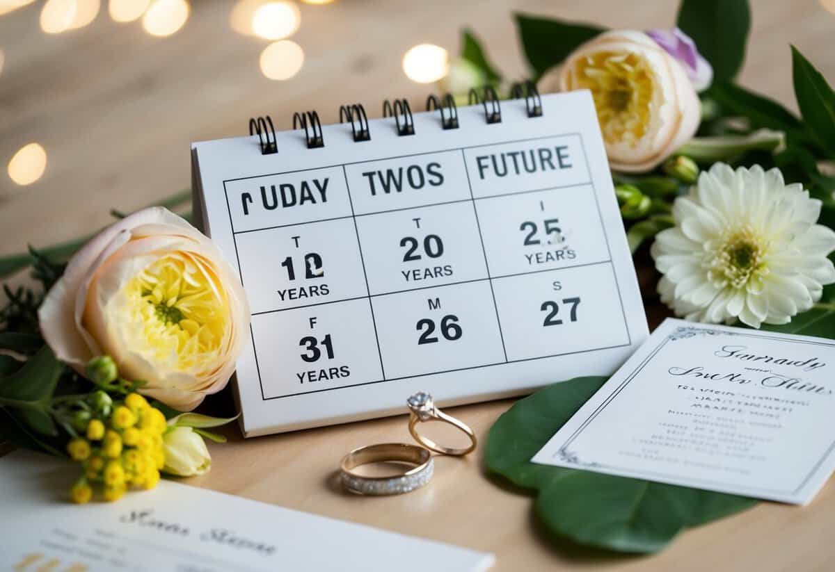 A calendar with the date two years in the future circled, surrounded by wedding-related items like flowers, a ring, and a formal invitation