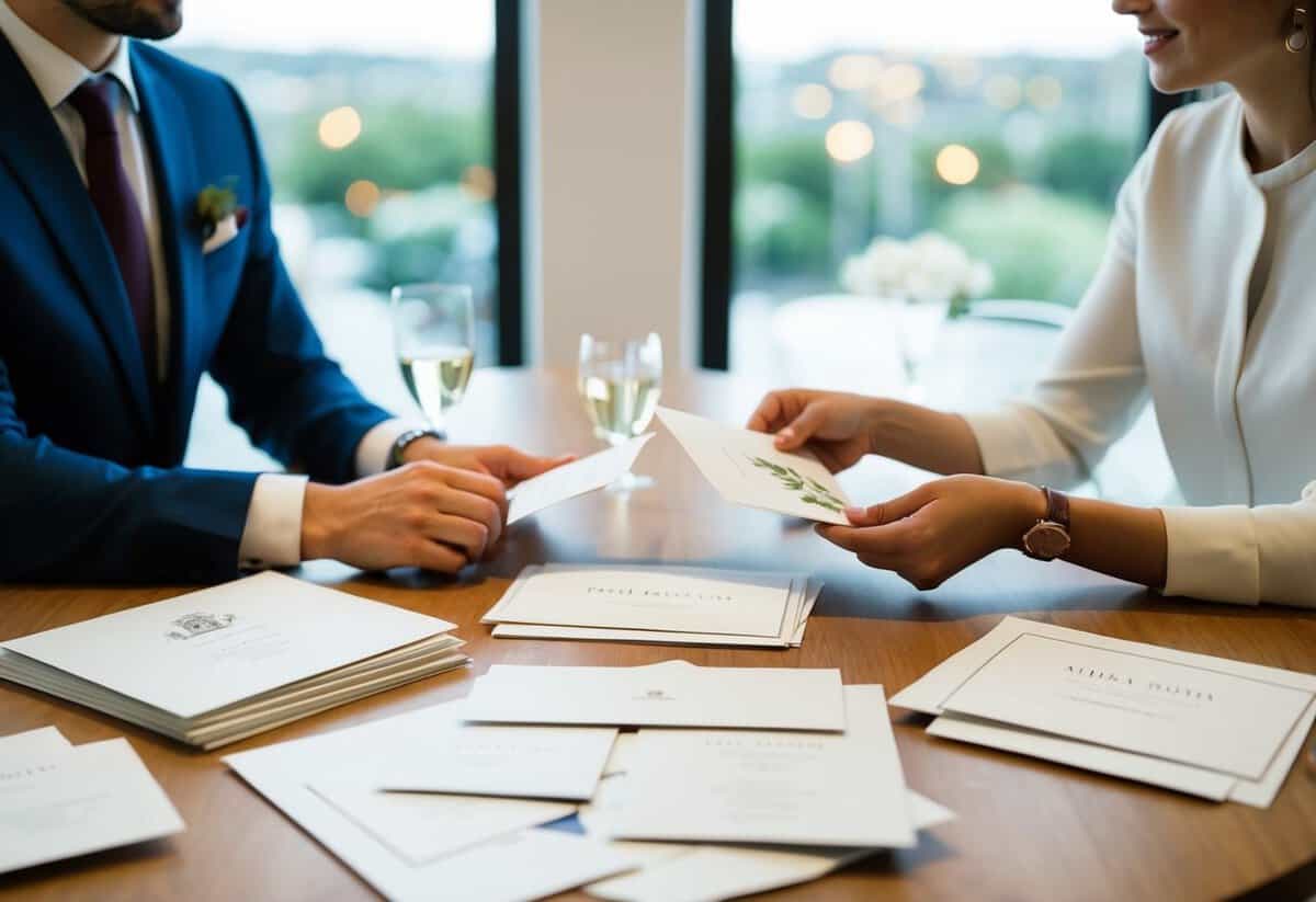 A couple sits at a table with wedding stationery spread out in front of them. They are discussing and choosing different designs for their invitations