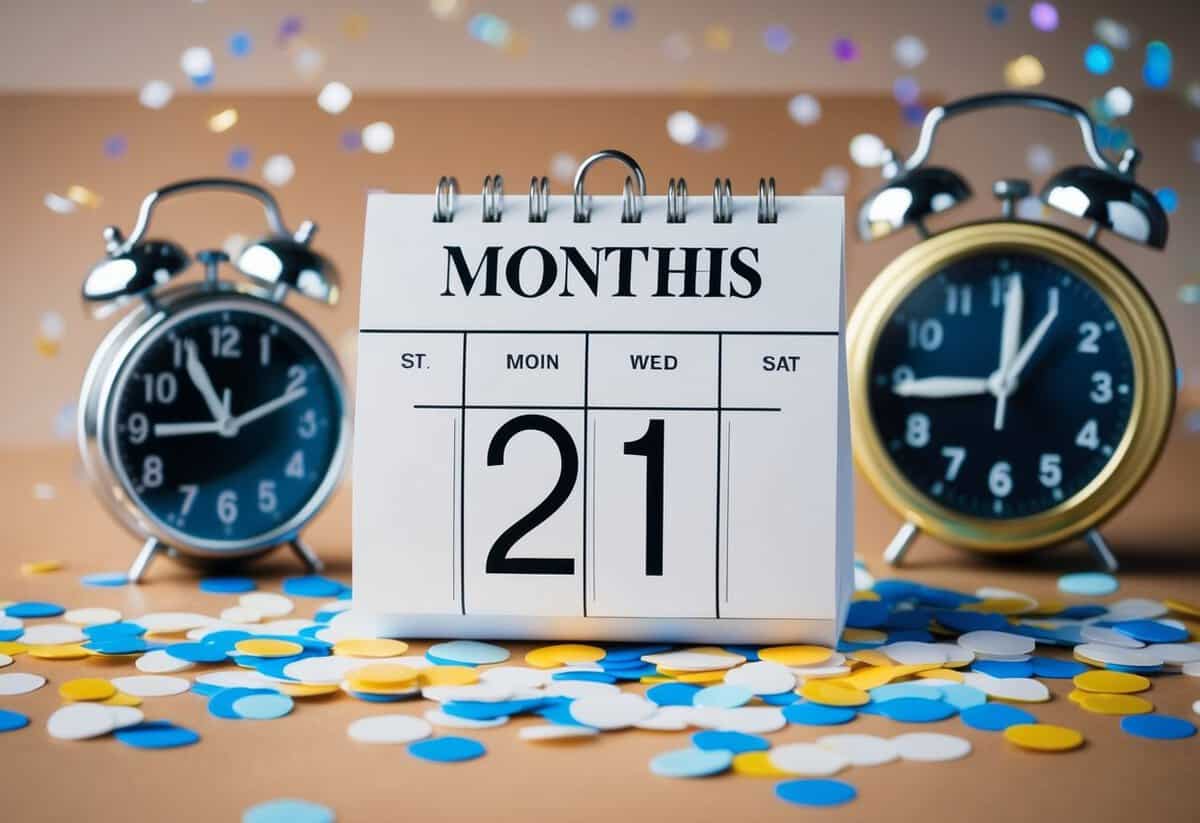 A calendar with a date two months past, surrounded by scattered confetti and a ticking clock