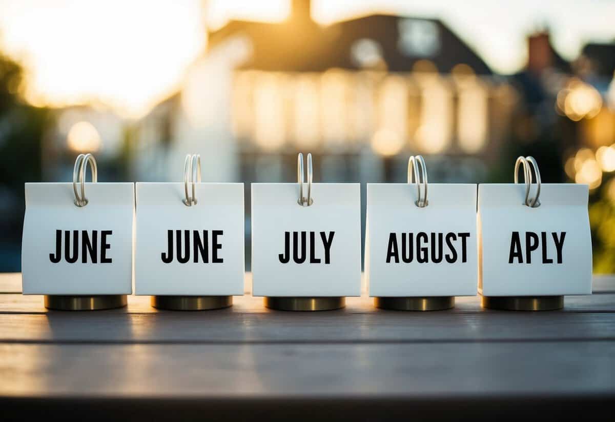 A calendar with highlighted months of June, July, and August, symbolizing peak wedding months in the UK