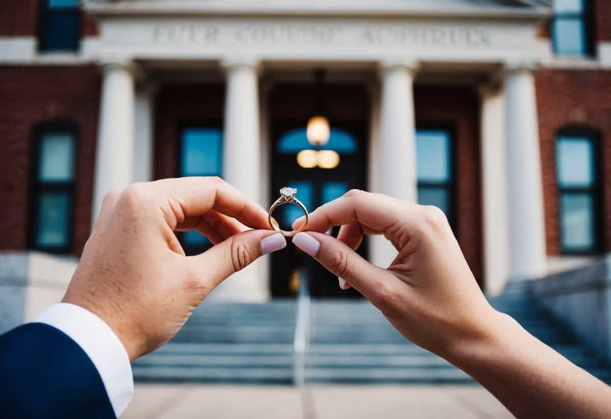 A couple exchanging rings in front of a courthouse