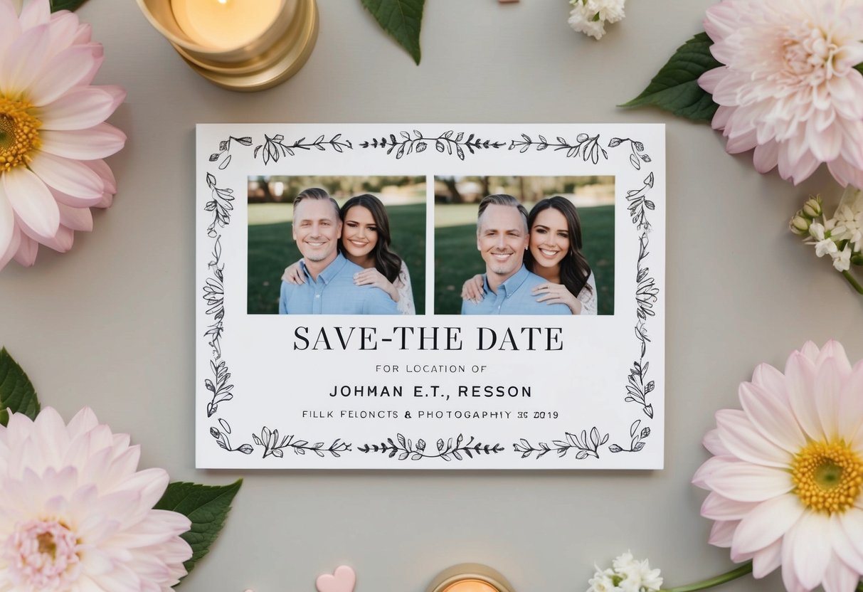 A save-the-date card with two names, a date, and a location, surrounded by decorative elements such as flowers or hearts