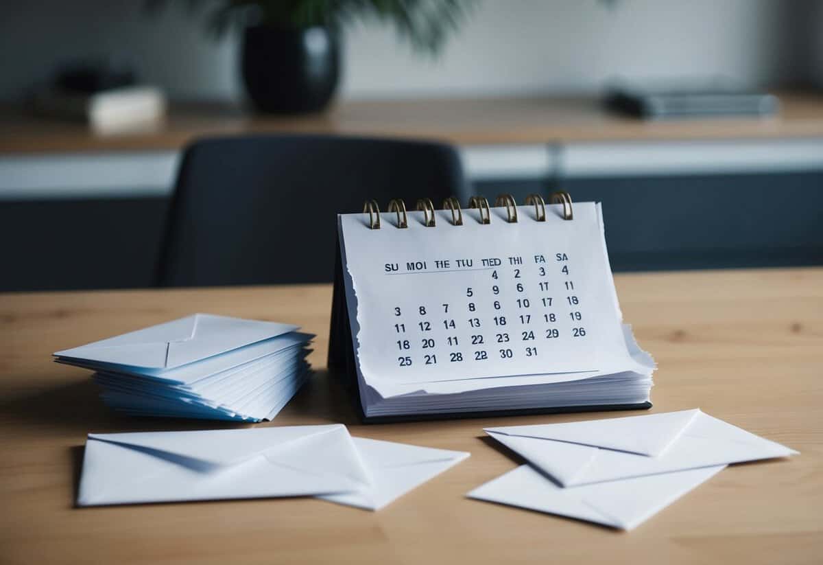 A calendar with a torn page, a stack of unsent envelopes, and a pile of unaddressed cards