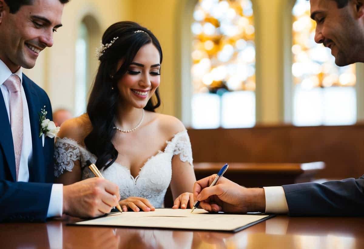 A couple hastily signing a marriage certificate at a courthouse
