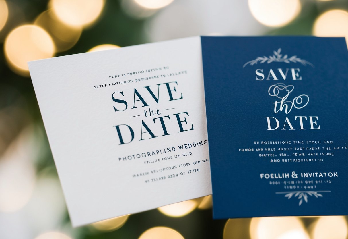 A save the date card and a wedding invitation overlapping, with the names of the couple clearly displayed in a stylish and elegant font