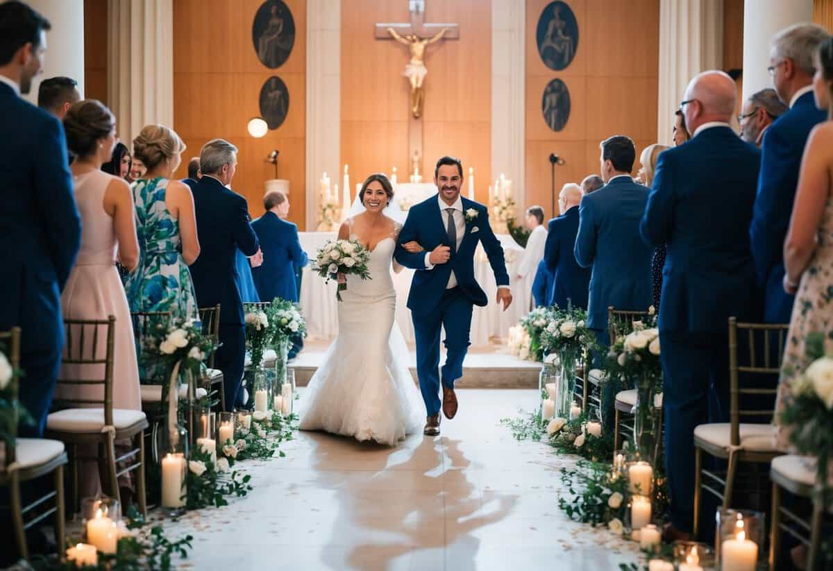 A couple runs towards a wedding altar, surrounded by a chaotic and hurried atmosphere