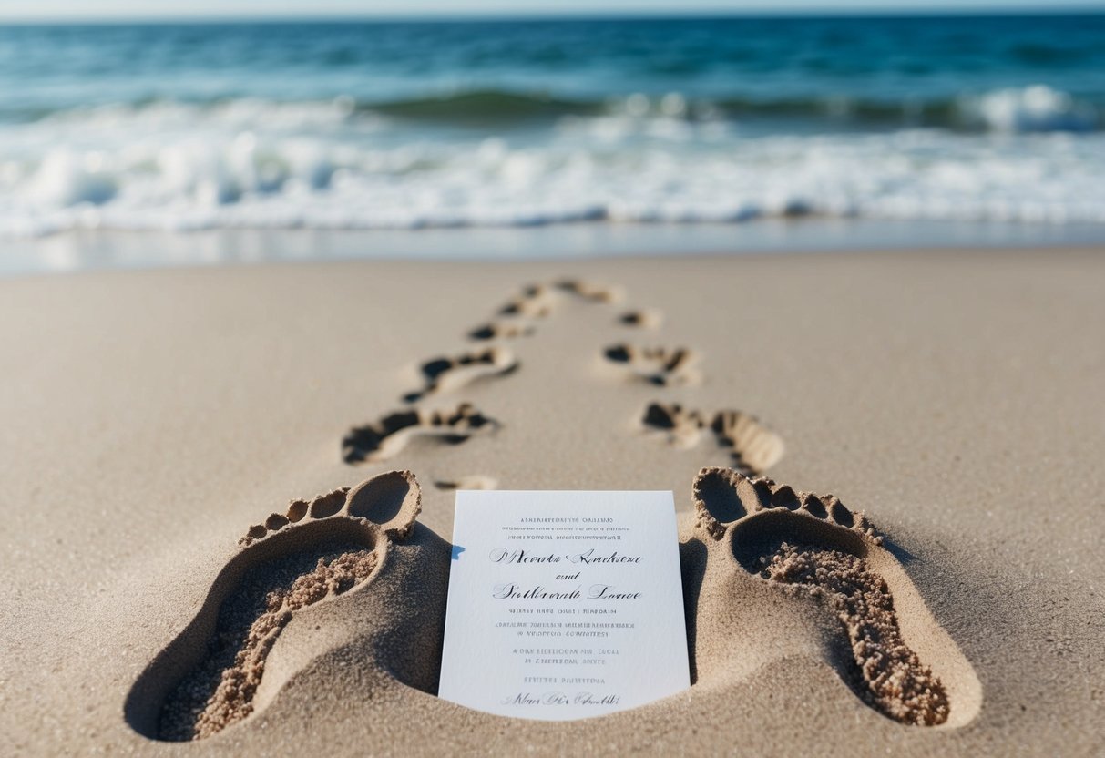 A beach with a pair of footprints leading towards the ocean, with a wedding invitation half-buried in the sand