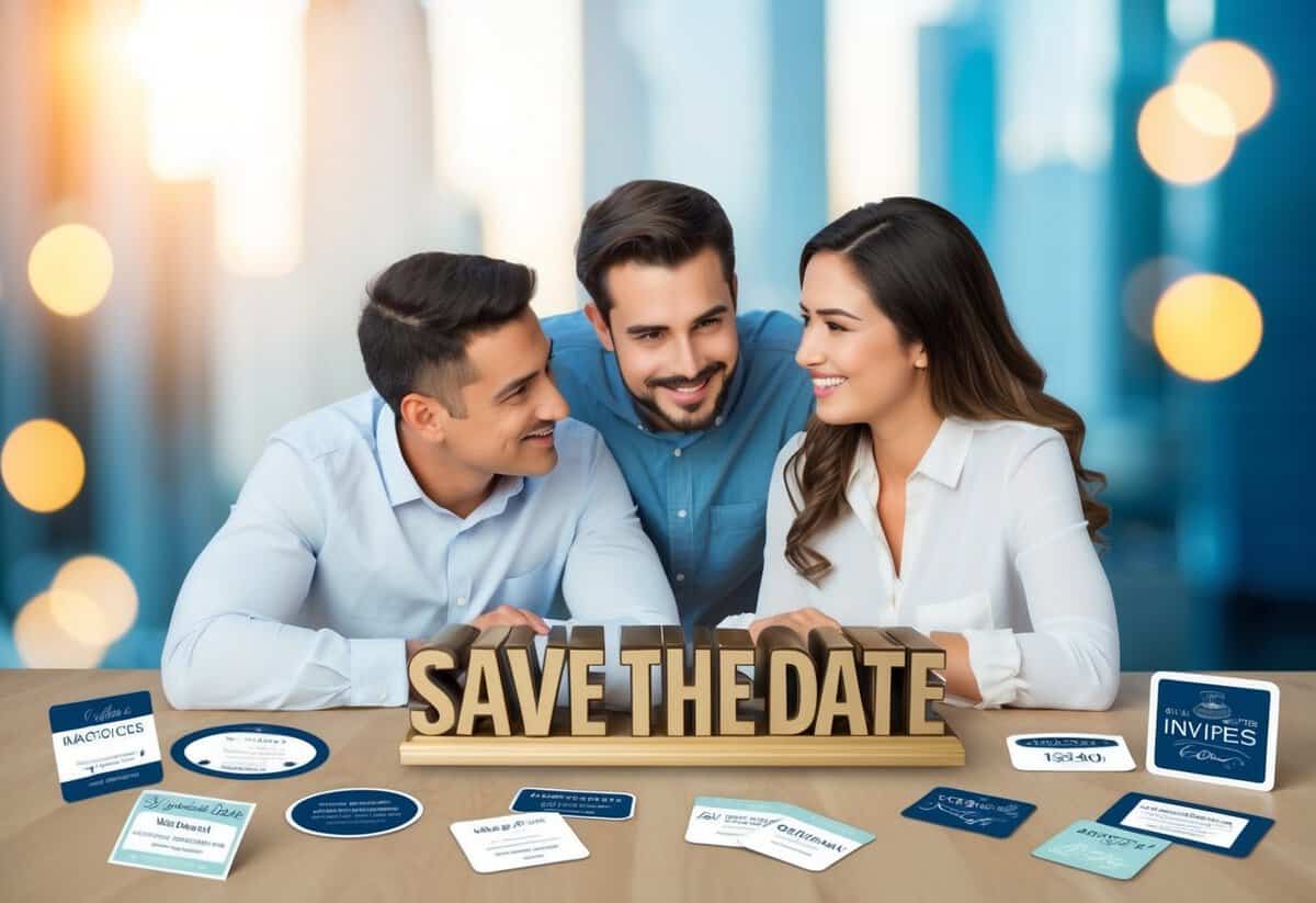 A couple brainstorming creative save the date ideas, surrounded by various options such as custom magnets, digital invites, and unique themed concepts
