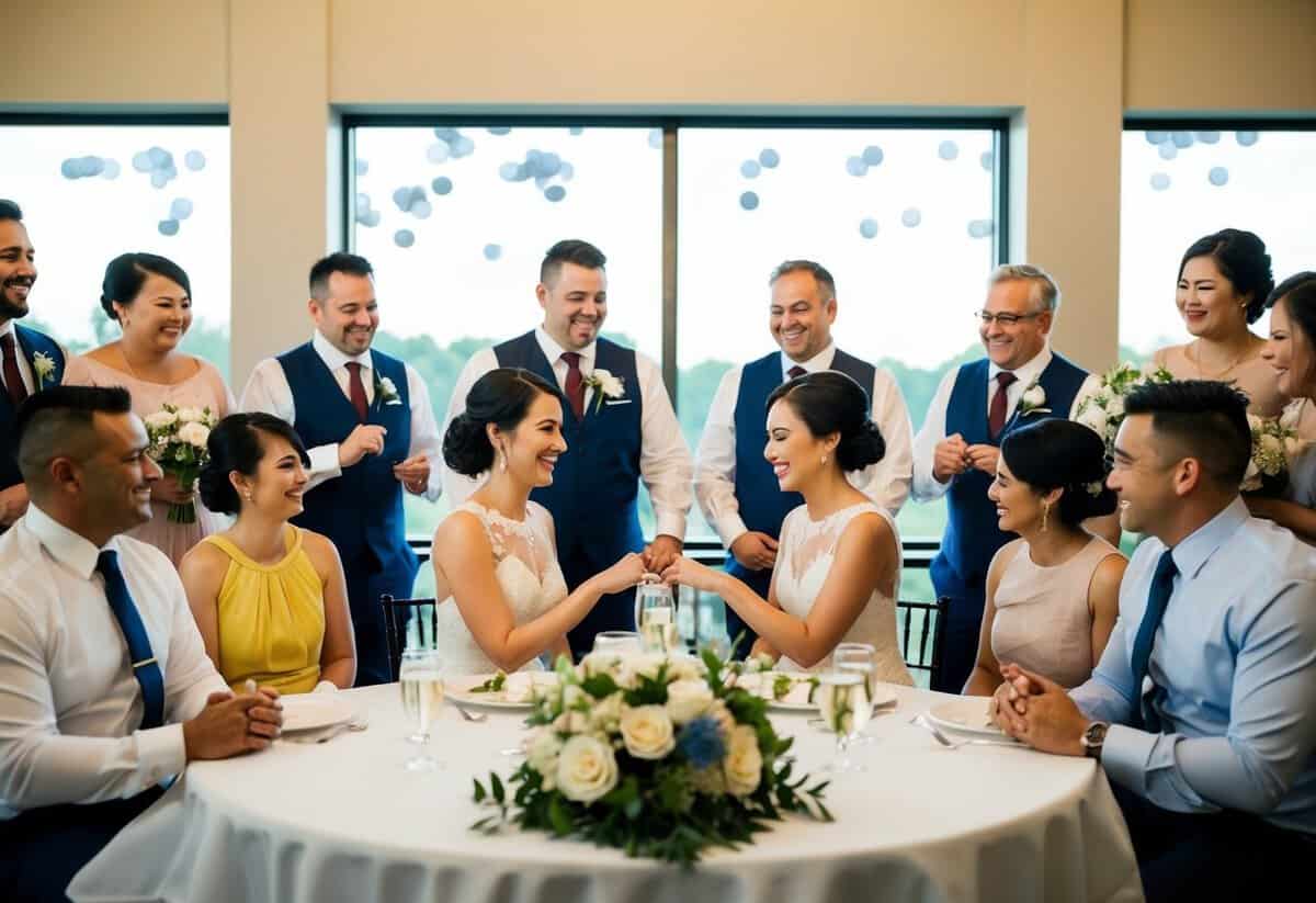 A couple sitting at a table, surrounded by supportive friends and family, exchanging vows with smiles and tears of joy