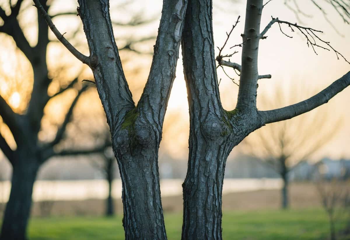 A pair of intertwined tree branches, weathered and strong, standing together against the elements
