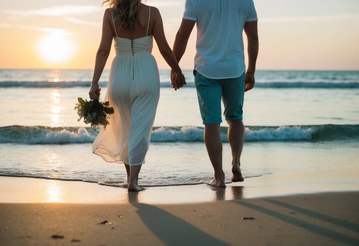 A couple walking hand in hand along a pristine beach at sunset, with gentle waves lapping at their feet
