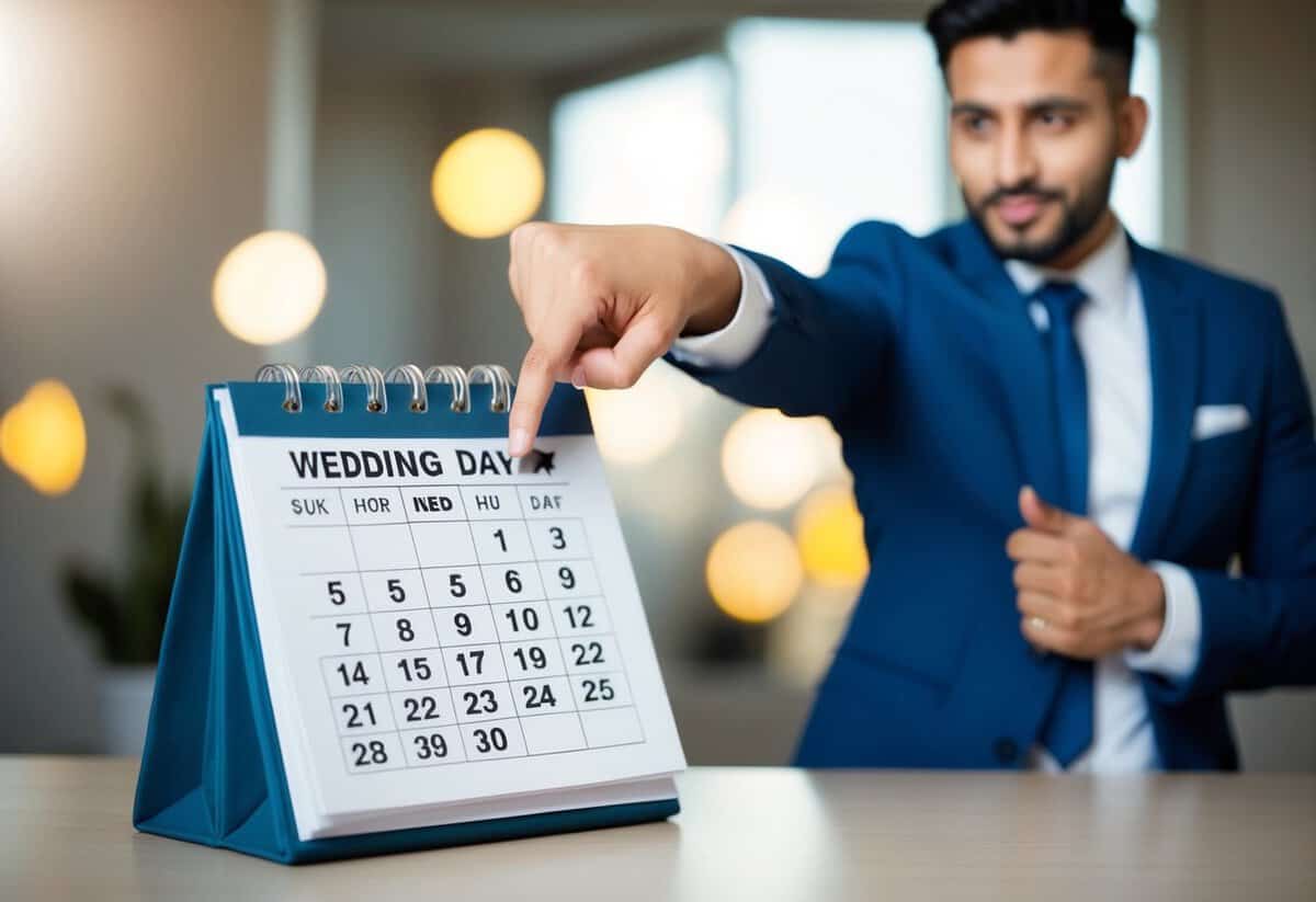 A person standing in front of a calendar, pointing to a date marked as their wedding day, with a determined expression on their face