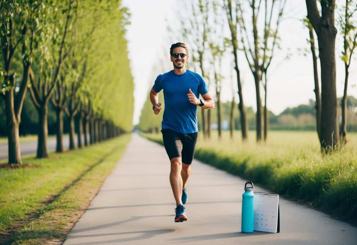 A person jogging along a tree-lined path with a reusable water bottle and a sustainable exercise plan calendar in hand