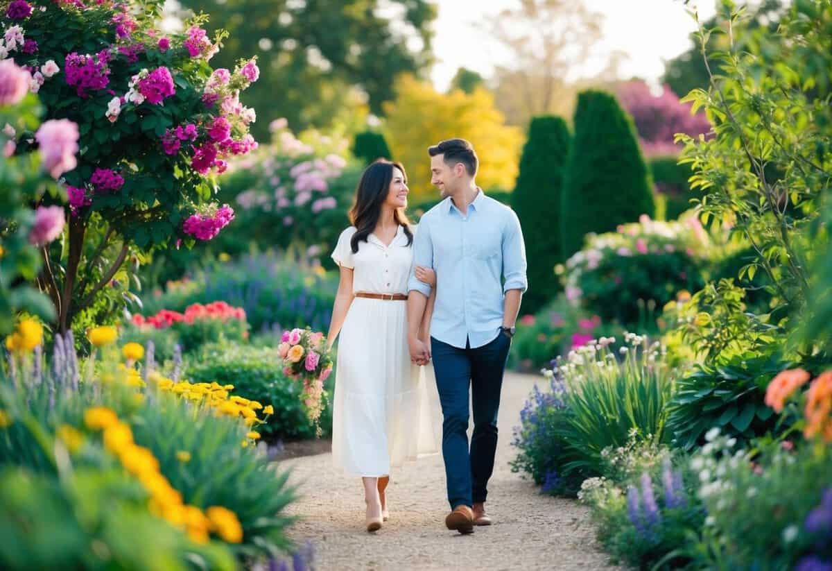 A couple strolling through a blooming garden, surrounded by vibrant flowers and lush greenery, gazing lovingly into each other's eyes