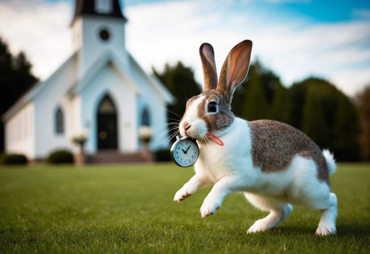 A rabbit hopping past a wedding chapel with a stopwatch in its mouth