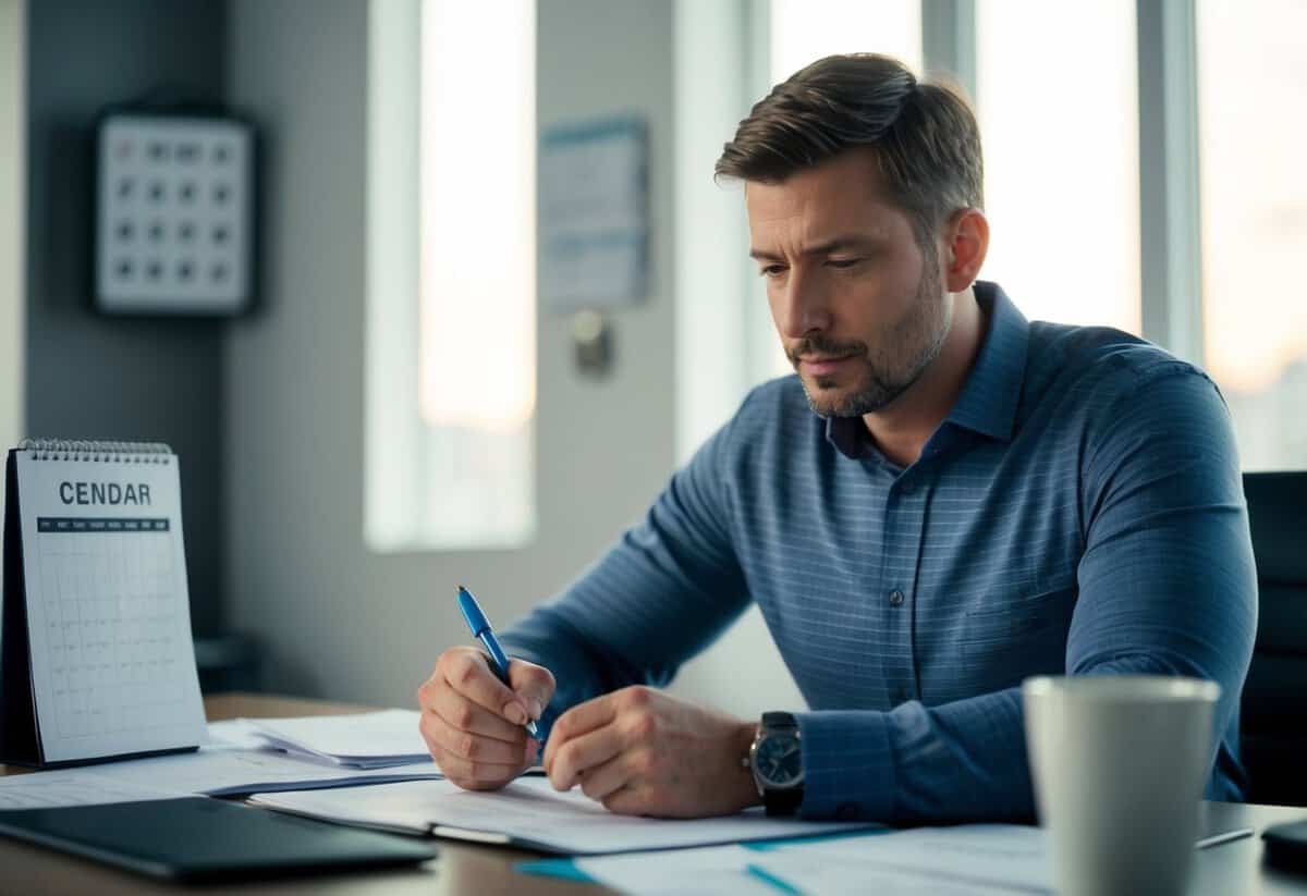 A man sits at a desk, surrounded by papers and a calendar. He is deep in thought, jotting down notes and making lists, with a determined look on his face
