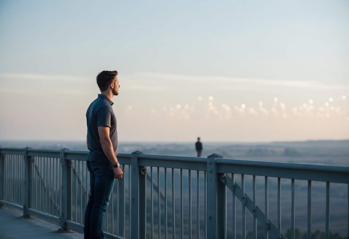 A man standing alone on a bridge, looking out over a vast, empty landscape, with a small figure in the distance approaching him