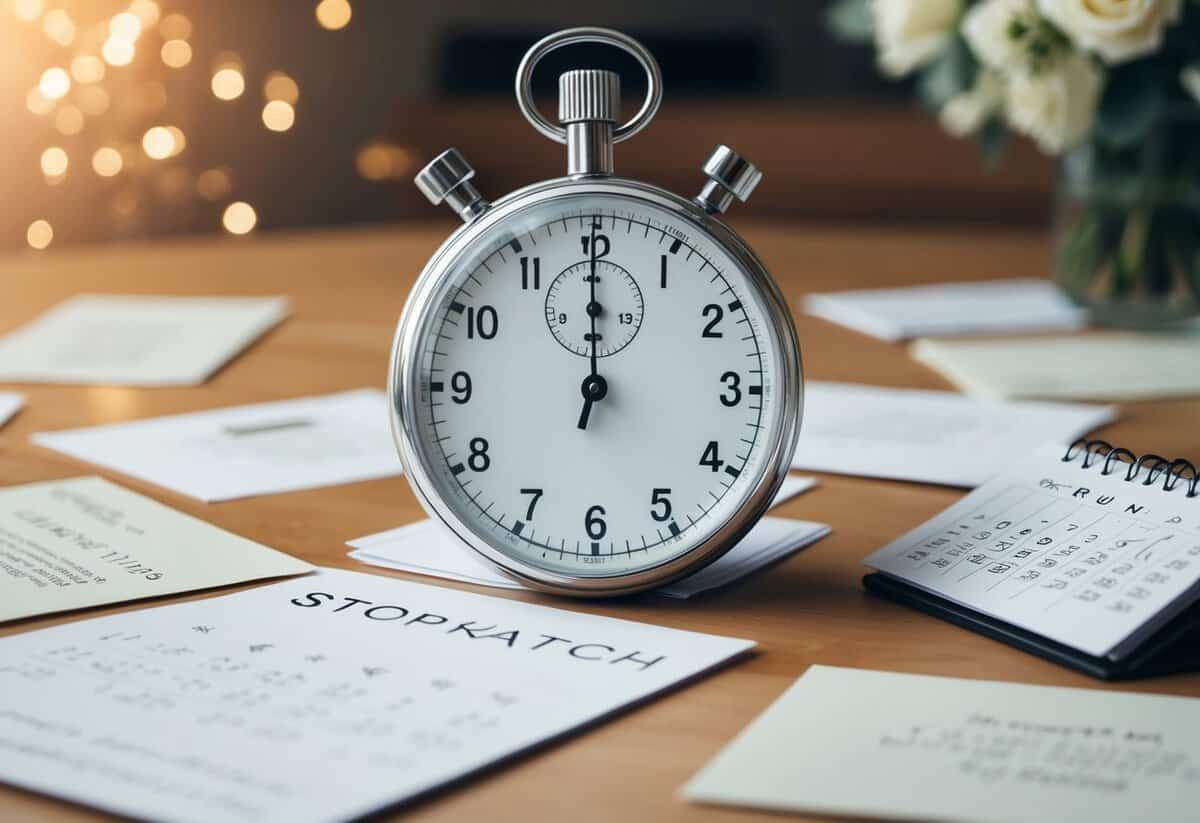 A stopwatch ticking rapidly on a table, surrounded by scattered wedding invitations and a calendar with a marked date