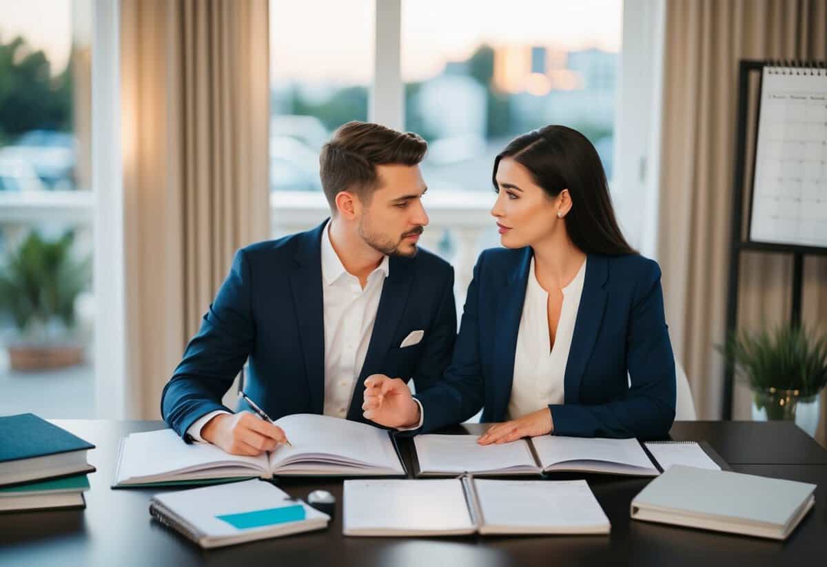 A couple sitting at a table, surrounded by wedding planning books and a calendar, having a serious discussion