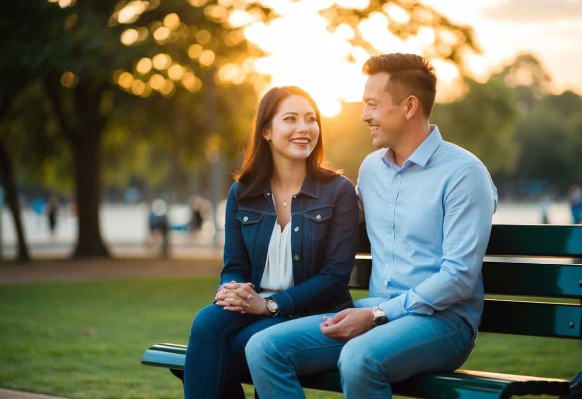 A couple sitting on a park bench, smiling and talking. The sun is setting in the background, casting a warm glow over the scene