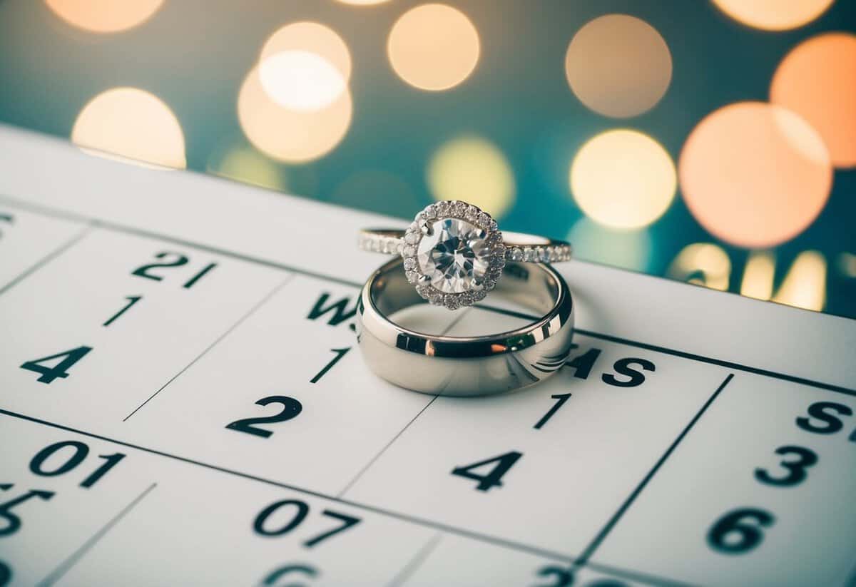 A calendar with a ring on the date one year from a wedding