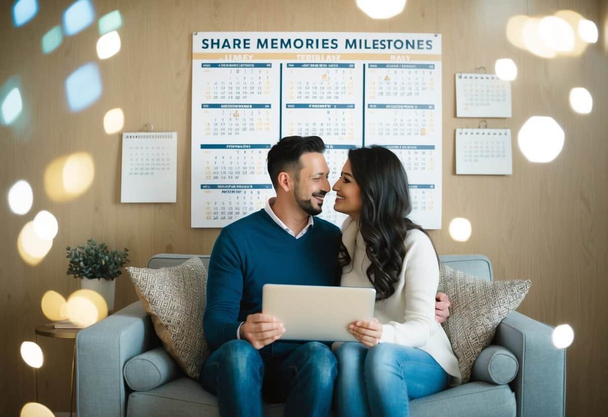 A couple sitting together, surrounded by a calendar with marked dates, sharing memories and milestones